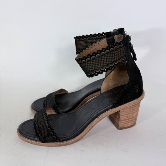 Frye Brielle Scallop Sandal Women's 6 Black Suede Back-Zip Open Toe Block Heel - Picture 5 of 10